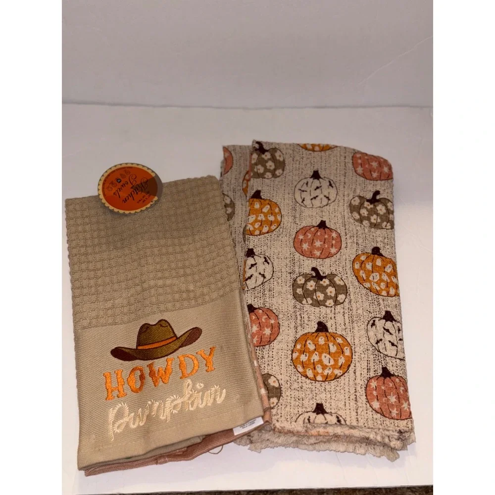 Two Sets New Fall Kitchen Towels Howdy Pumpkin Cowboy Hat Autumn Harvest Cotton